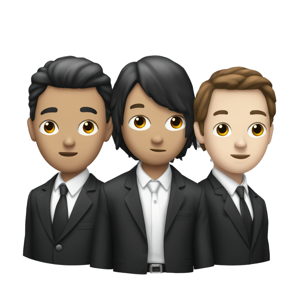 three men standing together wearing suits one of them has brown hair and another one has black hair and white skin and anther one is a gangster wearing a ski mask holding a gun