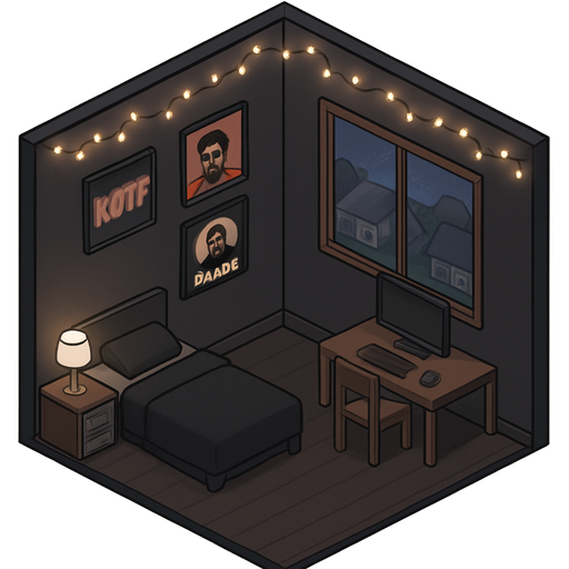 Xotwod, The Weeknd, dark walls twinkle lights everywhere, Drake energy cd The Weeknd cd’s in the wall the window looking out to a suburban neighborhood