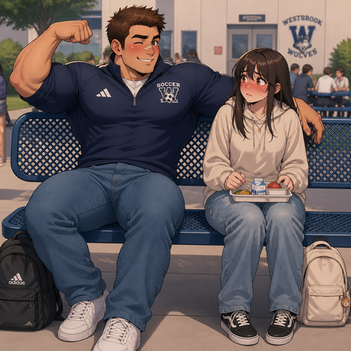 A Real life Full Body view of a Chunky but Muscular and more Muscle than Fat ANIME Cute Bara Man Who looks Normal and American with a round facial Structure and Basic facial structure With Puffy and Big Pecs that are visible through the shirt and Biceps and Bandaid on his nose. Wearing a Soccer team Quarter Zip and Jeans Flexing and winking at her. Both Siting on a bench at school during lunch with his Crush blushing. Both blushing and an awkward situation