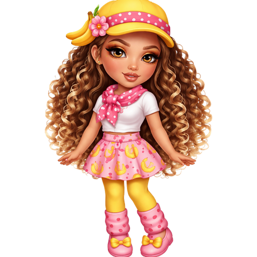 Banana Candy with a Fair-Light Warm Golden Natural Skin Tone with a Smear Lip Shape and a Dream Chaser Eyelash Set Up With a Fudge Brownie Lipstick Finish with a Soft Golden Yellow Eyeshadow Look with a Upward Eyebrow Shape and Close Set Eyes along with a Oval Face Shape and Wearing a Yellow Cap Hat with a Pink Ribbon and Red Polka Dots in the Middle and a Banana on the Left Side and a Pink Flower Clip on Top of it With Long Tight Curly Brown with Blonde Highlights Wearing a White T-Shirt and Pink Tie Around Her Waist With a Pink Skirt and a Banana Pattern Print going across it also Furthering that She is Wearing a Pink Scarf With Red Polka Dots and with Yellow Yoga Pants and Short Pink Sock Warmers with Red Polka Dots and Pink Flats with Yellow Bows on the Top Adding a Mature Adult Toned Build and Luxury Glossy