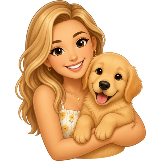 light skin woman with honey blonde hair wearing a summer top holding a Golden Retriever puppy in her arms