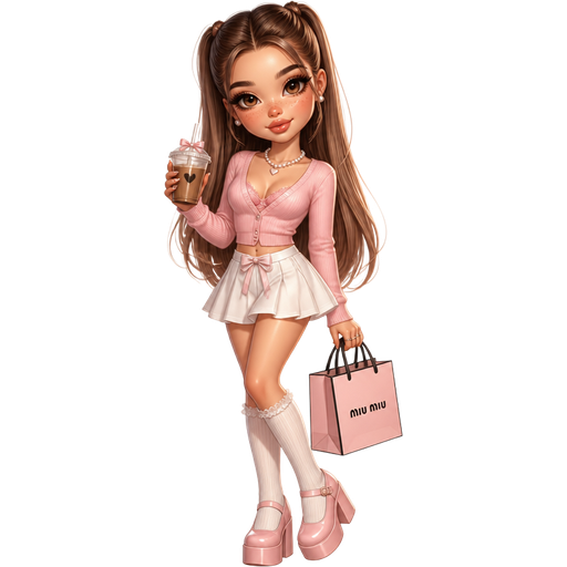 semi-realistic soft cartoon luxury glam, mini plush Bratz-doll aesthetic, cinematic glow, crisp clean detail, glossy glam skin. brown eyed Petite 5ft girl, fair skin with soft freckles, wide face with tall forehead, honey-brown almond wide-set upturned eyes, fluttery lashes, shimmer highlight, plush lips, bottom heavy lip, sweet Belle-princess vibe, long straight brunette hair with visible caramel highlights, wearing a blush pink fitted cardigan over a bralette with a white pleated mini skirt, pearl necklace, dainty rings, knee-high socks with platform Mary Janes, hair in soft curled half-up pigtails, holding a shopping bag and a little iced latte
