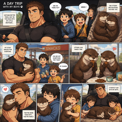 A DETAILED AND LIFELIKE ANIME Comic Book story view of a Bulky but Muscular ANIME Cute Bara Man With Peach toned skin Who looks Normal aind round facial Structure and Basic facial structure With Puffy and Big Pecs that are visible through the shirt and Biceps and Bandaid on his nose and Brown short hair that makes them look tough. Wearing normal With his pet Grown and healthy realistic otter and 2 little brothers that are in different ages but young. And they Go on a Trip in the car, and the 2 otters cuddle on one seat and it looks cute. And they take the otters in a gas station to get snacks. And the otters eat with there two front paws and it looks cute. And hug otters and Cuddle