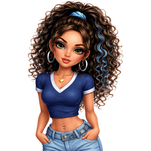 An aesthetic girl with really curly hair with light blue highlights and body tea wearing blue baggy jeans and a dark blue white collar v neck shirt put her hair into a high ponytail and make the shirt short sleeve and tight