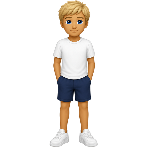 Make a 13 ish year old boy with normal boy blonde hair and he has dark blue eyes and he is wearing a white t-shirt and dark blue shorts and he’s wearing white sneakers and he has a closed mouth smile and he has tan skin