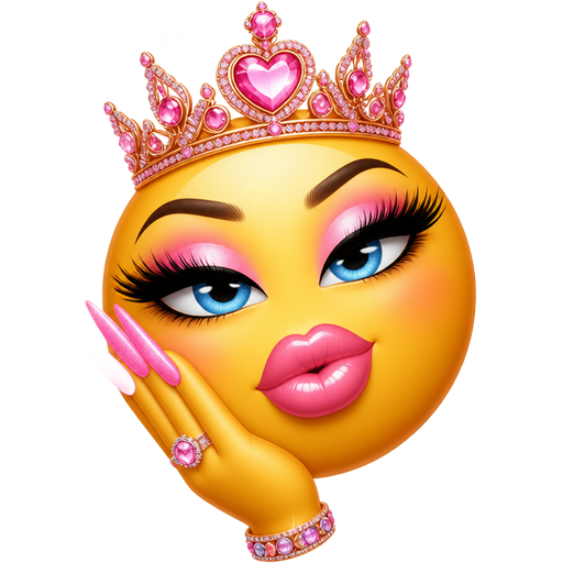 Baddie with a crown, long nails, long eyelashes, big lips, blue eyes, everything else pink hearts, love, and flowers