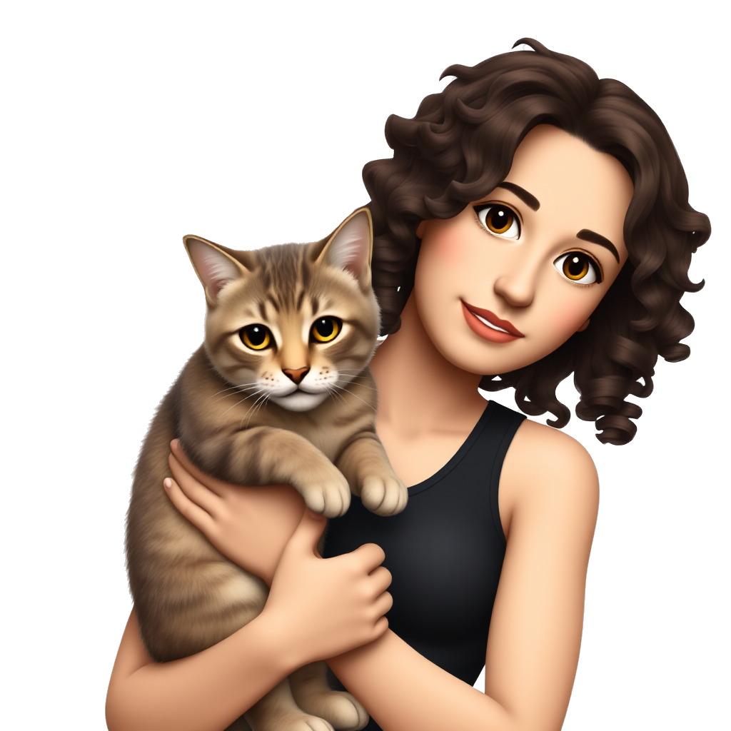 20yo girl, dark brown curly hair, piercing on her nose, holding a cat ,black tank top, sand tone, black eyes.
