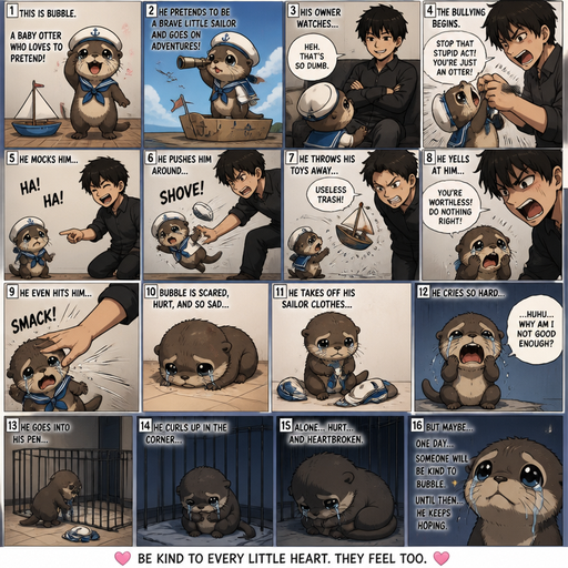 A comic book that show every action Picture by picture and shows impact of a A baby otter dressed like a little sailor pretending but His owner excessively bullies him. And then the otter takes off the sailor clothes and cries in his pen