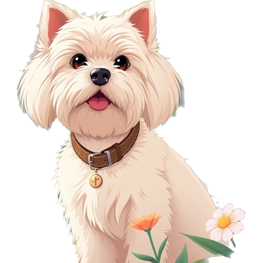 Please create a light beige Maltese dog with a collar and tag named Cookie, in a place with flowers and a forest.