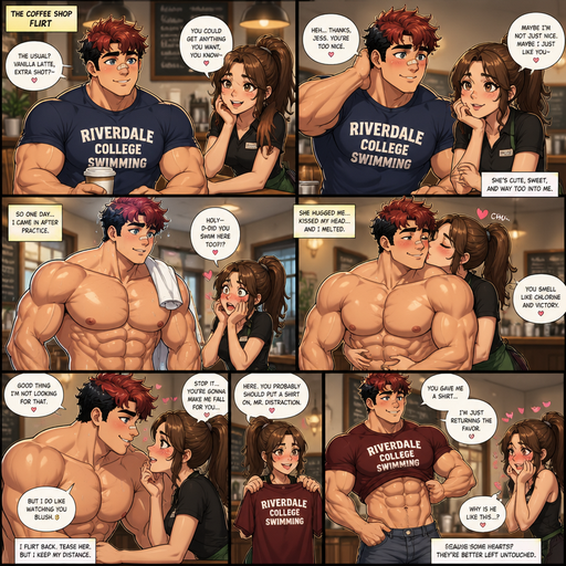 A Full page Anime Comic book story of a masculine and Bulky ANIME Cute Bara Man Who looks Normal and American 20 year old with a ROUND facial Structure and BASIC facial structure With More than Avergae but the perfect size and Round and Big Pecs that are visible through the shirt and Massive Biceps that make shirt sleeves look small and Bandaid on his nose. Wearing a College Swimming spirit shirt and Jeans and Dark Red Hair and Black hair Roots. At a coffee shop with a waitress that keeps flirting with him and so he comes one day shirtless after Swim practice and she she hugs him around the waist and kisses on the head and he blushes.He makes A Making a Warm, cute and hot smiles at her that make her blush. And flirting back but not interested. So she gave him a shirt and he took of the current one and put the new one on just so he can show her his pecs and abs.