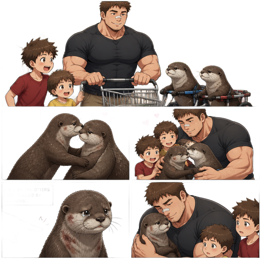 A DETAILED AND LIFELIKE ANIME Comic Book story view of a Bulky but Muscular ANIME Cute Bara Man With Peach toned skin Who looks Normal aind round facial Structure and Basic facial structure With Puffy and Big Pecs that are visible through the shirt and Biceps and Bandaid on his nose and Brown Short and Strait hair. Wearing normal With his pet Grown and long and HEALTHY, CUTE AND REALISTIC OTTERS in Dog Wheel Chairs and 2 little brothers that are in different ages but young. At the grocers store, And they See twin ottercuddle with them. One of the otter got bullied by humans