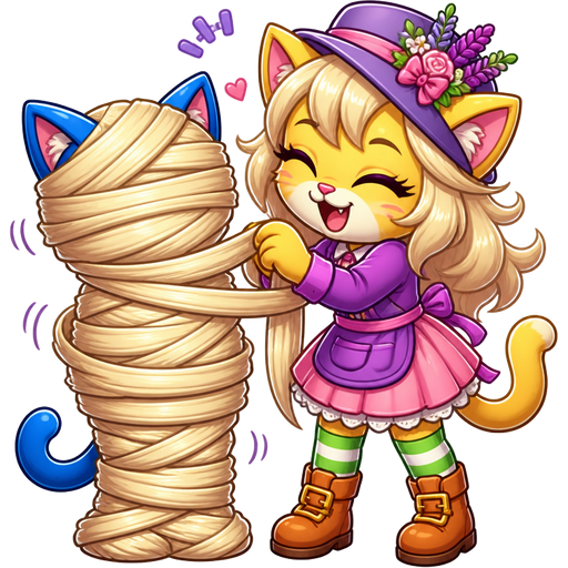 blue knight boy cat furry getting quickly wrapped up mummified by furry yellow cat anthro with purple eyes light blonde hair purple and pink florist hat and purple florist outfit green and white socks orange boots with buckles light pink skirt with light blonde hair 2 light blonde hair mummy shaped like blue knight cat furry completely covered with light blonde hair mummy then furry yellow cat anthro with purple eyes light blonde hair purple and pink florist hat and purple florist outfit green and white socks orange boots with buckles light pink skirt lets out an adorable giggling cartoon version