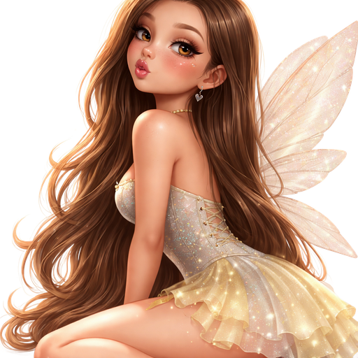 side view sitting looking over shoulder blowing a raspberry with hair completely swept over shoulder: semi-realistic soft cartoon luxury glam, mini plush Bratz-doll aesthetic, cinematic glow, crisp clean detail, glossy glam skin. brown eyed Petite 5ft girl, fair skin with soft freckles, wide face with tall forehead, honey-brown almond wide-set upturned eyes, fluttery lashes, shimmer highlight, plush lips, bottom heavy lip, sweet Belle-princess vibe, long straight brunette hair with visible caramel highlights, side-part hair all swept to the side over shoulder softly defined feminine body, full round bust, dressed as a grey and butter yellow fairy. full body showing. Cozy romantic glow, soft warm lighting, pop-princess energy