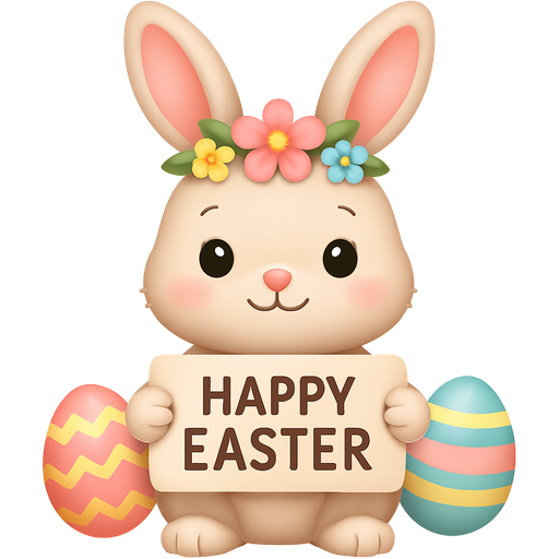 A cute Easter bunny with a little flower crown and pretty eggs holding a small sign saying “Happy Easter “