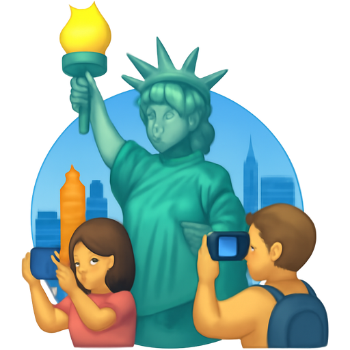 New York with the Statue of Liberty holding the torch that’s lighting up and there’s people next to it taking pics