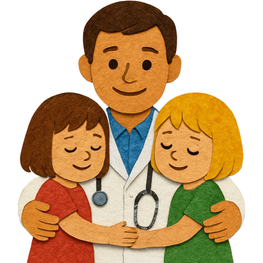 Create please an emoji where will be two little girls . One girl with brown short hair and another has blond short hair . He is hugging them. The both of girls will be his douguhters. He is the doctor. He will be without mustache and any glasses