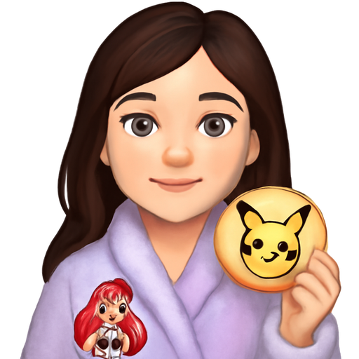 A woman with long dark brown hair (with a slight reddish tint), blueish gray almond shaped eyes, cute nose, friendly smile, wearing a fluffy robe that shows Ariel the little mermaid, holding a cookie expertly decorated with Pikachu