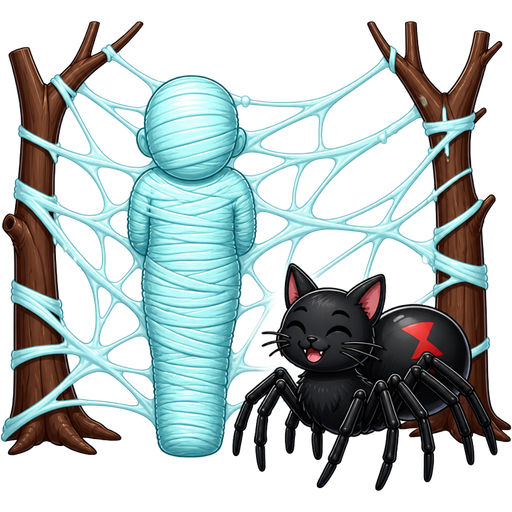 wrapped up and mummified fully covered in a #B8FFFF spider slik cocoon shaped like boy arms behind back with #B8FFFF spider slik wrappings completely covered with thick layers non-transparent #B8FFFF spider slik wrappings stuck in giant #B8FFFF spider webs between two trees next to a happy male black widow spider cat drider hybrid