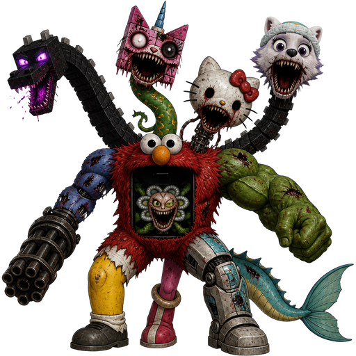 Amalgamation unikitty's head with serperior's neck with hello kitty's head with mangle's neck elmo's body with Samsung phone with omega flowey's face on it toy Bonnie's left arm with left Gatling gun hand weapon hulk's right arm homer simpson's left leg teen titans go cyborg's right leg with lightning mcqueen's wheels amy rose's back leg and vaporeon's tail with ender dragon's neck with everest's head jumpscare