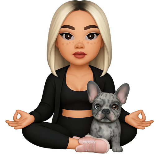 A thicker waisted baddie woman with icy blonde hair parted dark in the middle and grey colored almond shaped and many freckles across the nose sitting in the middle of a yoga pose in black workout clothes open black sweater black tank top covering her stomach and light pink adidas hugging a grey blue spotted merle french bulldog with one blue eye and one brown eye