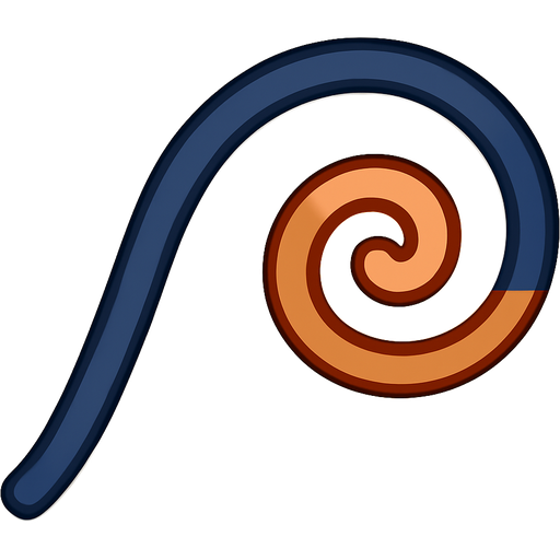 A straight dark blue line gracefully curves and transforms into a terracotta spiral at its endpoint. Beige background. Symbolizes the process of change and growth.