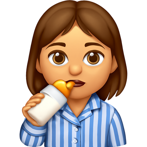 Brown medium haired girl with hazel eyes , medium brown rose lipgloss holding baby bottle , dressed in Pyjama blue and white stripes
