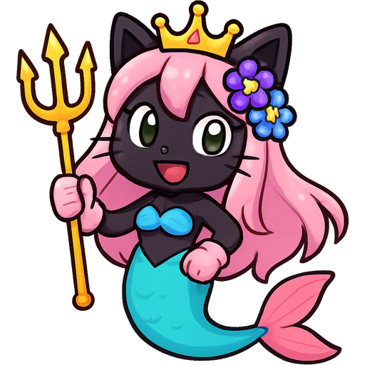 black cat smiling pink long hair golden crown purple and blue flowers green eyes light pink gloves very long cyan mermaid tail with pink fins swimsuit cyan holding a golden trident sonic x style fan character emoji, expressive cute style