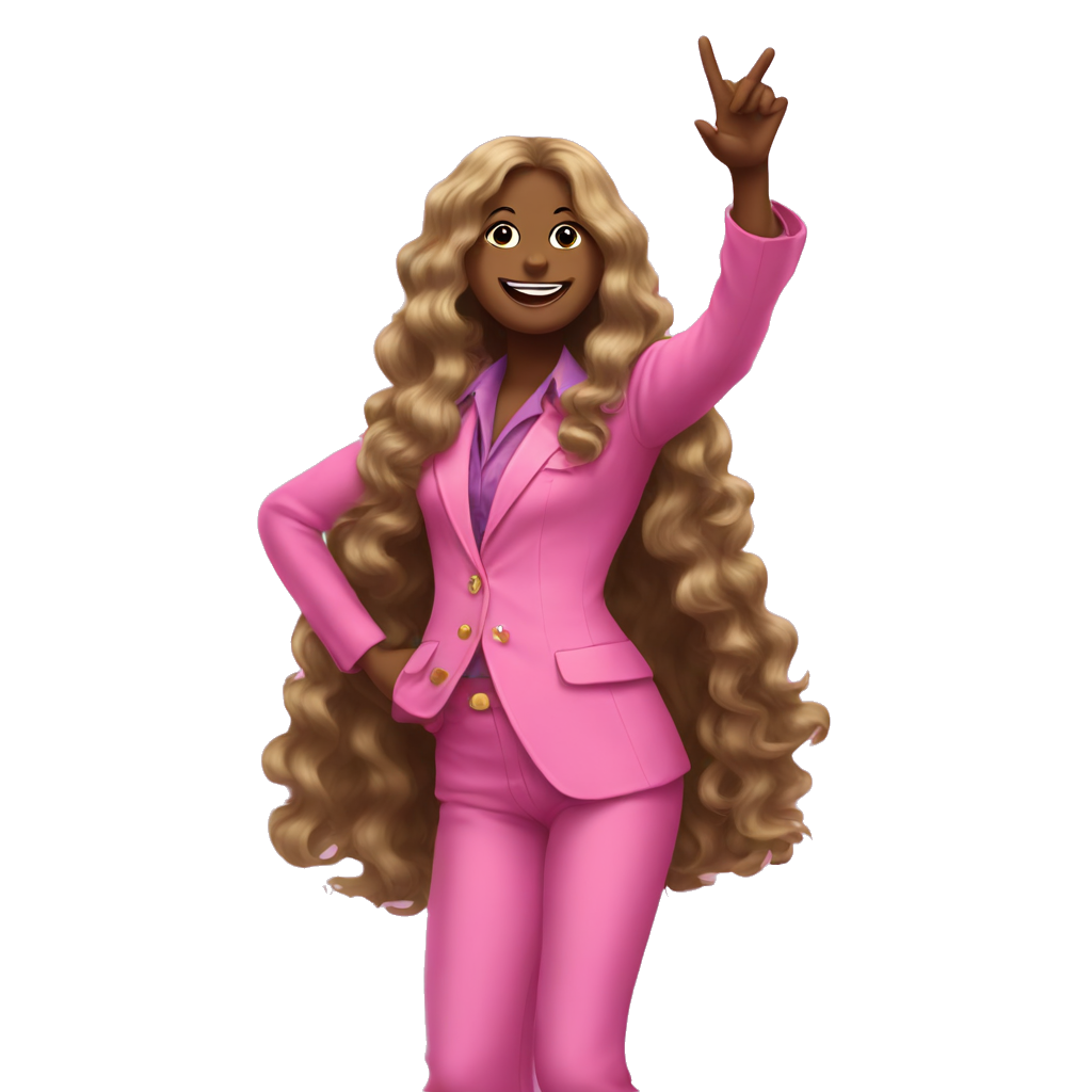 Long haired girl with one hand in the air pointed up in a pink seventies era disco suit dancing emoji quality