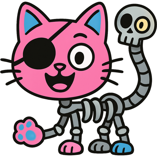 a creature with pink cat with blue markings head with eyepatch on a metal pipe a robotic skull with an eye on metal pipe tail with a ribcage with three robot legs with pink cat paw and blue cat paw on skeleton arm and blue cat paw on a metal pipe the loud house style cartoon style emoji, fun expressive character