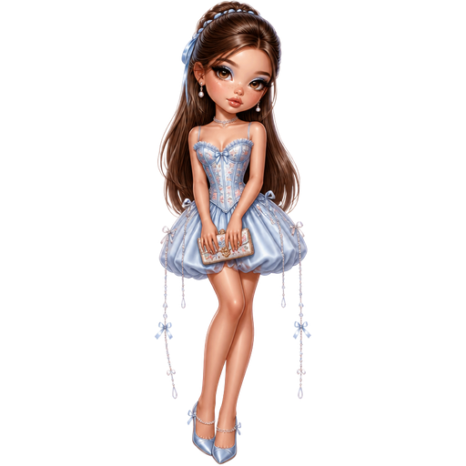 semi-realistic soft cartoon luxury glam, mini plush Bratz-doll aesthetic, cinematic glow, crisp clean detail, glossy glam skin. brown eyed Petite 5ft girl, fair skin with soft freckles, wide face with tall forehead, honey-brown almond wide-set upturned eyes, fluttery lashes, shimmer highlight, plush lips, bottom heavy lip, sweet Belle-princess vibe, long straight brunette hair with visible caramel highlights, wearing a porcelain-blue corset dress with hand-painted floral detailing, a bubble-hem overskirt and delicate bow-strung crystal chains trailing from the hips, pearl earrings and satin pumps, hair in a half-up blowout with ribbon-threaded braids, makeup with soft blue shimmer, doll lashes, peach blush and glossy petal-pink lips, holding a tiny floral clutch with dreamy porcelain-doll energy