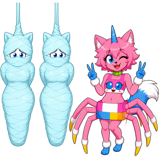 wrapped up and mummified fully covered in a #B8FFFF spider slik cocoon shaped like anthro female cat anthro worried arms behind back with #B8FFFF spider slik wrappings completely covered with thick layers non-transparent #B8FFFF spider slik wrappings hanged to the ceiling on the left side next to wrapped up and mummified fully covered in a #B8FFFF spider slik cocoon shaped like anthro female cat anthro worried arms behind back with #B8FFFF spider slik wrappings completely covered with thick layers non-transparent #B8FFFF spider slik wrappings hanged to the ceiling the left side next to happy anthro femboy pink cat drider with blue and white tail white wrists blue hands white ankles yellow tips on spider legs green collar blue unicorn horn wearing femboy clothing based on unikitty