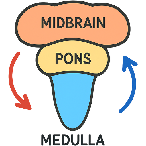 Draw a mini brainstem corner map sjhowing the medulla pons and midbrain passing orders with arrows colour code calm functions medulla vs alert functions midbrain