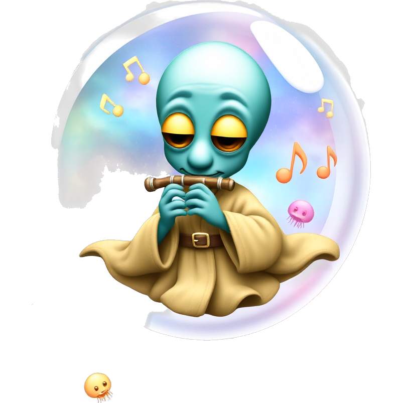 "Squidward in a cosmic bubble, adorned in a shimmering starry robe, floating serenely through a vibrant nebula, surrounded by playful, neon jellyfish and whimsical planets, his clarinet emitting colorful musical notes that dance around him, evoking a dreamlike and tranquil atmosphere."