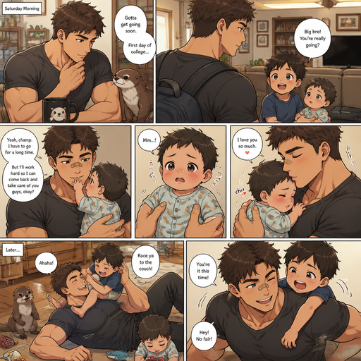 DETAILED AND LIFELIKE LONG Anime C A DETAILED AND LIFELIKE LONG Anime Comic Book story view of a Bulky but Muscular ANIME Cute Bara Man With Peach toned skin Who looks Normal aind round facial Structure and Basic facial structure With Puffy and Big Pecs that are visible through the shirt and Biceps and Bandaid on his nose and Brown short hair that makes them look tough. Wearing normal With his pet Grown and healthy realistic otter and 2 little brothers that are in different ages but young. At the house And the baby with his cute clothes on and already holding his hand he picks the little baby and Snuggles the baby and but tells the baby that he has to go to college for a long time and the baby sad but understands and doesn’t speak well and Kisses the baby and the baby plays the other brother and has fun
