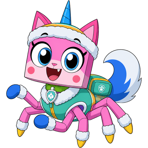 happy pink cat with blue and white tail white wrists blue hands white ankles yellow tips on spider legs green collar blue unicorn horn based on unikitty wearing everest's hat and everest's clothing with everest's backpack