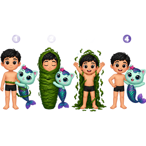 1 boy with black underwear getting wrapped up by mercat gabby dollhouse with seaweed seaweed cocoon shaped like boy 3 mercat gabby dollhouse emerges from its seaweed cocoon shaped like boy 4 mercat gabby dollhouse next to mercat gabby dollhouse