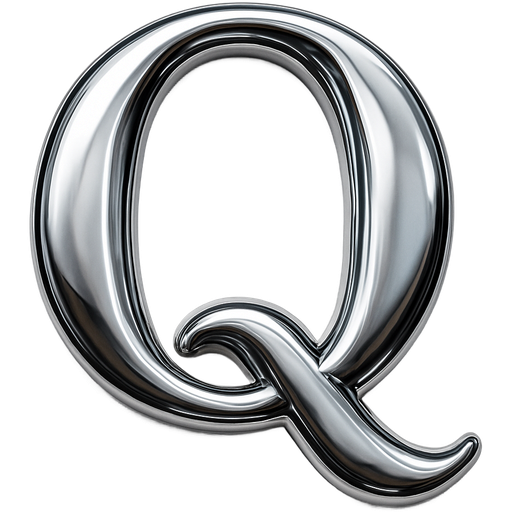 High shine chrome Capital Q in serif font. Strong top left light source, medium pillow inflation, high contrast reflection, soft bevel fully rounded