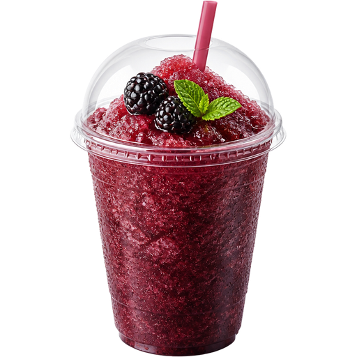 Raspberry Iced Tea Shaved Ice Slushie in a Plastic Cup and Plastic Dome Lid with a Straw Mixed in with Extra Syrup and it’s Reddish Purple with Two Blackberries and a Mint Leaf on Top