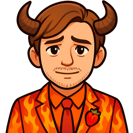 A young man; at the age of 24, he has medium length, light brown hair, which is combed over to the left, he has a short stubbly mustache, dark brown eyes, that look like honey in bright lighting. He expresses a soft, calm smile, but a sign of slight despair in his eyes. Give him medium length cow horns, and a fiery suit with a little strawberry corsage in the suits vest pocket.