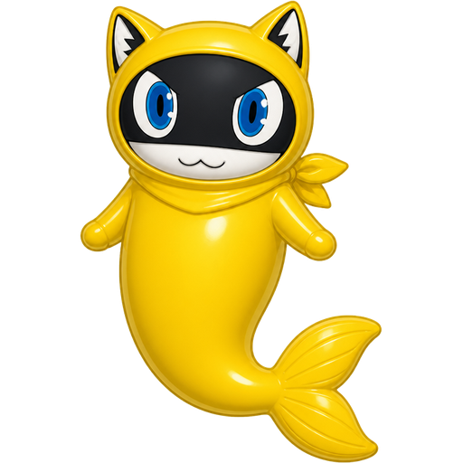 morgana anthropomorphic cat Persona 5 whole head body arms and legs fully covered encased inside a non-transparent rubber pooltoy long yellow mermaid tail