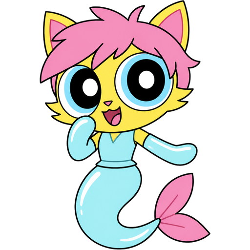 yellow boy cat furry with pink hair and light cyan very long rubber gloves light cyan dress tucked in light cyan mermaid tail with white highlights with pink tail fins (powerpuff girls version)