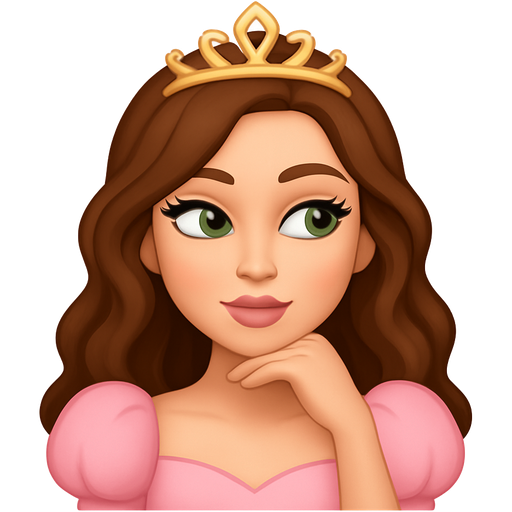 White Brunette wavy curly long hair girl hazel sexy green eyes eyelashes with light pink puff sleeve princess top and princess tiara back of hand flat under chin sexy look glance to side