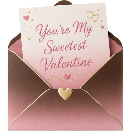 Valentine’s Day Card with a Brown and Pink Ombré Tint along with Gold accents and Pink Writing that reads “You’re My Sweetest Valentine” Sticking out of an Envelope