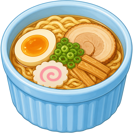 ghibli style | color #82CAFF ceramic ramekin | ramen inside ramekin | view: high-angle + front center + close-up