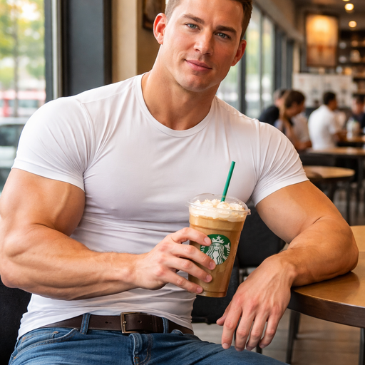 Buff Channing Tatum with No Facial Hair with Big Arms and Big Chest. Drinking at a Starbucks. Wearing a Tight white Shirt that’s short around the waist and Jeans