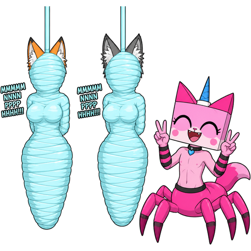 wrapped up and mummified fully covered in a #B8FFFF spider slik cocoon shaped like anthro female fox anthro arms behind back with #B8FFFF spider slik wrappings completely covered with thick layers non-transparent #B8FFFF spider slik wrappings hanged to the ceiling MMMMMNNNPPPHHH!!! on the left side next to wrapped up and mummified fully covered in a #B8FFFF spider slik cocoon shaped like anthro female wolf anthro arms behind back with #B8FFFF spider slik wrappings completely covered with thick layers non-transparent #B8FFFF spider slik wrappings hanged to the ceiling MMMMMNNNPPPHHH!!! on the left side next to happy anthro femboy pink cat drider doing victory sign based on unikitty