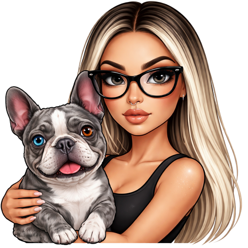 40 year old latina baddie with slim face and a slight bumpy nose round face cheek bones with dark freckles across her nose and almond shaped LIGHT GRAY colored eyes and lashes with fair skin with dark freckles across nose with shiny nose ring in her nose and very long straight icy blonde hair and dark roots parted in the middle and wearing large black glasses wearing a black tank top with a serious face and small hands with light pink color nails and holding a gray merle french bulldog that has one blue and one brown eye