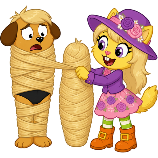 1 anthro dog with black underwear getting wrapped up by furry yellow cat anthro with purple eyes blonde hair purple and pink florist hat and purple florist outfit green and white socks orange boots with buckles pink skirt with blonde hair 2 blonde hair cocoon shaped like boy completely covered with blonde hair cocoon like mummy next to furry yellow cat anthro with purple eyes blonde hair purple and pink florist hat and purple florist outfit green and white socks orange boots with buckles pink skirt happy tree friends version