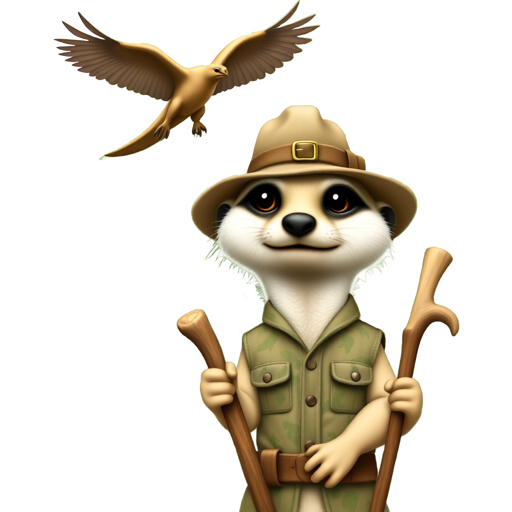 Jurassic Meerkat: A clever meerkat wearing a tiny explorer's hat, peering curiously from behind a giant fern. It's armed with a miniature dinosaur bone as a walking stick and sporting a stylish, leaf-patterned vest, while a friendly Pterodactyl soars overhead, adding a prehistoric touch to its adventure.