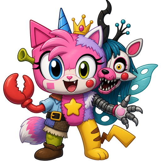 unikitty+amy rose+everest+pinkfong+mangle+shrek+queen chrysalis+catbee poppy playtime+Mr krabs+ pikachu=hybrid